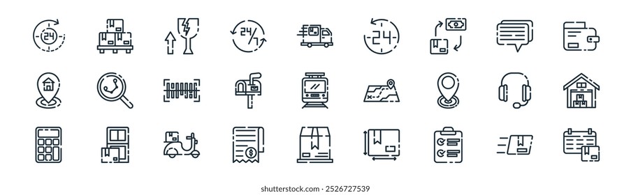 pacote de ícone logístico linear. vetor linha fina entrega livre, caixa de entrega, frágil, bate-papo, post, armazém, caixa de entrega, ícones de programação adequados para aplicativos e sites projetos de iu