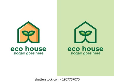 linear logo design of Leaf green house home real estate symbol or icon illustration