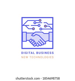 Un logotipo lineal para los negocios digitales y la colaboración en forma de apretón de manos con el circuito impreso y la inscripción digital de negocios nueva tecnología. EPS 10. Ilustración del vector