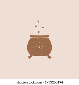 Linear logo or emblem template - witches cauldron with potion. Abstract symbol for packaging. Vector illustration