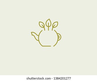Linear logo icon green teapot with tea and plants