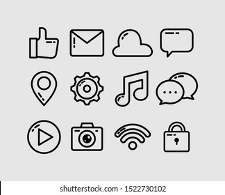 Linear Logo and Icon of Smartphone, Vector Set : Thumb Up, Message, Cloud Storage, Conversation, Map Sign, Setting, Music, Player, Camera, Wifi for Website Or Application Illustration Flat Design