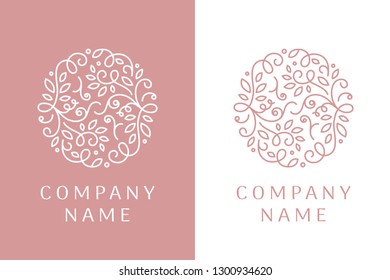 Linear logo of leaves and curls. Unique emblem design for wedding salon, boutique, flower shop, cosmetic products