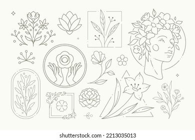 Linear logo natural flower plant decorated by design elements set for Easter or Mothers day vector illustration. Contoured simple line art icon floral botanical garden sticker vintage decor collection