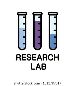 Linear logo on a scientific theme. Vector illstration with test tube in flat style with text Research Lab isolated on white background.