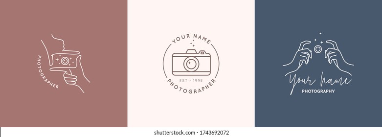 Linear logo of the photographer. Women's Hands hold the camera shutter. Abstract symbol for a photo Studio in a simple minimalistic style. Vector logo template for wedding photographer