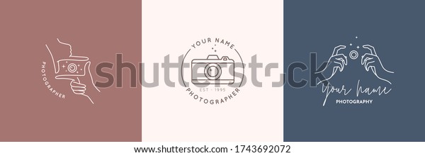 Linear logo\
of the photographer. Women\'s Hands hold the camera shutter.\
Abstract symbol for a photo Studio in a simple minimalistic style.\
Vector logo template for wedding\
photographer