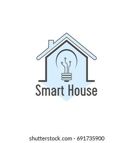 Linear logo of a smart house on a white background. A silhouette of a building with a technological light. Flat, vector,