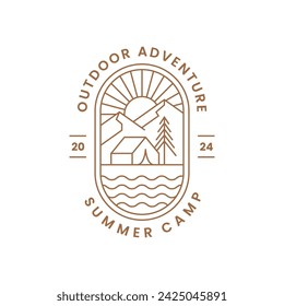 Linear logo for summer camp with mountains and tent. Outdoor adventure symbol, label, emblem or badge design.