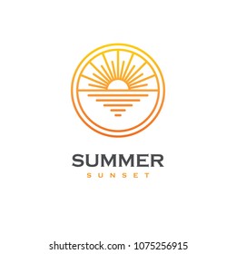 Linear logo with sunset or sunrise on the sea in a shape of circle. Sun and beach emblem. Summer travel tour or resort symbol.