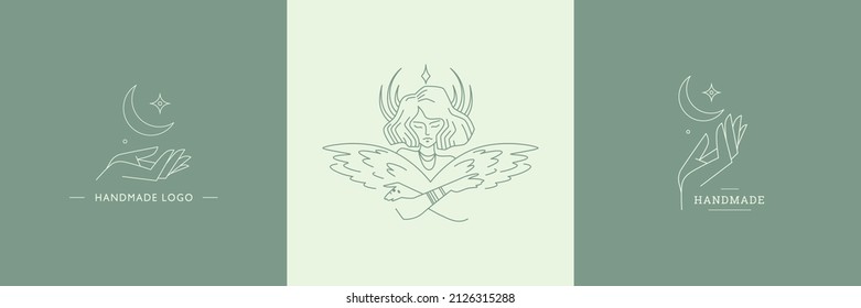 Linear logos for women's business in the beauty, health, personal care industry. Angel girl with wings and halo. Image of hands, stars, moon. Self care and love