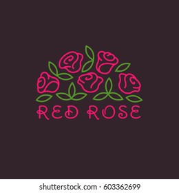 Linear logotype with rose flowers and leaves for boutique, cosmetics, beauty salon or flower shop.