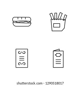 Linear Long sandwich, Menu Card, French Fries Box, Open Menu Vector Illustration Of 4 outline Icons. Editable Pack Of Long sandwich, Menu Card, French Fries Box, Open Menu