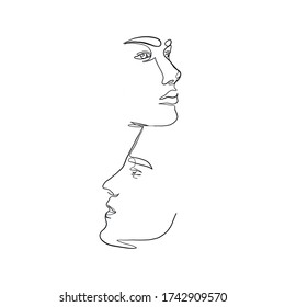 Lineare Liebhaber. Mann und Frau sehen sich im minimalen Stil. Eine durchgehende Linie, die zwei Menschen zeichnet. Logopaar verliebt. Silhouette männlich und weiblich. Vector Design für Valentinstag, Hochzeitseinladungen.