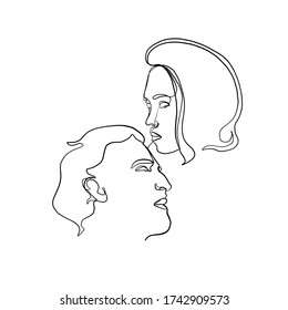 Amantes lineales. El hombre y la mujer se enfrentan en un estilo mínimo. Una línea continua dibujando a dos humanos. Pareja de logotipos enamorados. Silueta macho y hembra. Diseño vectorial para el día de San Valentín, invitaciones de boda.