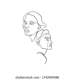 Amantes lineales. El hombre y la mujer se enfrentan en un estilo mínimo. Una línea continua dibujando a dos humanos. Pareja de logotipos enamorados. Silueta macho y hembra. Diseño vectorial para el día de San Valentín, invitaciones de boda.