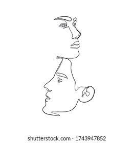 Linear lovers. Man and woman faces in minimal style. One continuous line drawing two human. Logo couple in love. Silhouette male and female. Vector design for Valentines day, wedding invitations.