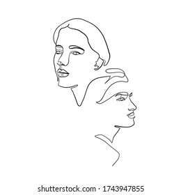 Amantes lineales. El hombre y la mujer se enfrentan en un estilo mínimo. Una línea continua dibujando a dos humanos. Pareja de logotipos enamorados. Silueta macho y hembra. Diseño vectorial para el día de San Valentín, invitaciones de boda.