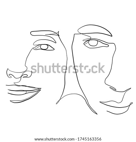 Linear lovers. Man and woman faces in minimal style. One continuous line drawing two human. Logo couple in love. Silhouette male and female. Vector design for Valentines day, wedding invitations.