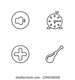 Linear Low Volume, Plus, Chronometer, Meat Vector Illustration Of 4 outline Icons. Editable Pack Of Low Volume, Plus, Chronometer, Meat