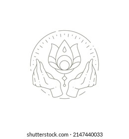 Flor de loto mágico lineal con rezando manos humanas namaste en el marco dibujado a mano círculo ilustración vectorial del logo. Icono floral monocromo meditación belleza esotérica espiritual wellness salón de spa aislado