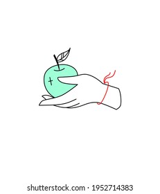 Linear magic symbol, logo - a woman's hand holds a green apple. Mysterious illustration.
Delicate and natural logo for womens business. Handwork or hand care, healthy food, cafe