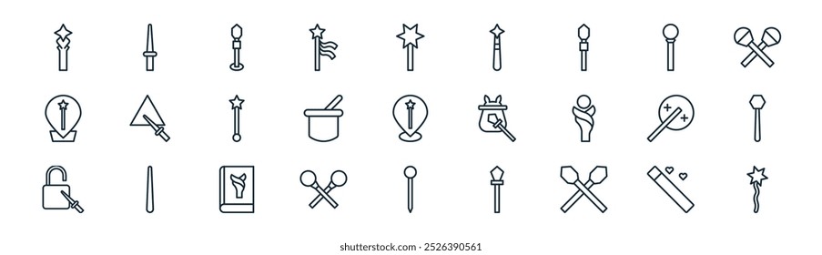 linear magic wand icon pack. vector thin line magic wand, magic wand, icons suitable for apps and websites ui designs