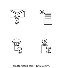 Linear Mail, Package, Donation, Money bag Vector Illustration Of 4 outline Icons. Editable Pack Of Mail, Package, Donation, Money bag