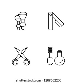 Linear Makeup Brush, Manicure Scissors, Straight Razor, Mascara Vector Illustration Of 4 outline Icons. Editable Pack Of Makeup Brush, Manicure Scissors, Straight Razor, Mascara