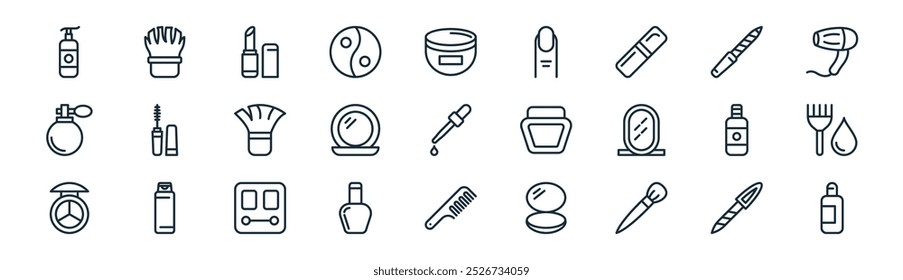 Vector de la línea delgada lima de uñas, cepillo de afeitar, lápiz labial, modelador, espejo, color de cabello, peine de pelo, iconos de la base adecuados para App y Sitios web UI diseños