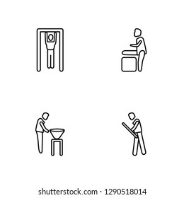 Linear Man Lifting Bar, Man with Barbecue, #VALUE . Black filled Vector Illustration Of 4 outline Icons. Editable Pack Of Man Lifting Bar, Man with Barbecue, #VALUE . Black filled