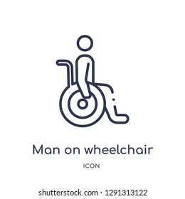 Linear man on wheelchair icon from Behavior outline collection. Thin line man on wheelchair vector isolated on white background. 