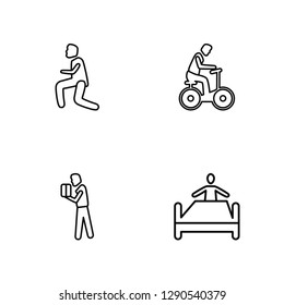 Linear Man Running, Stick Man with Box, Man Riding Bicylce, Making the Bed Vector Illustration Of 4 outline Icons. 