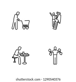 Linear Man Shopping, Man Eating, Man Painting Wall, Man Fitness Vector Illustration Of 4 outline Icons. 