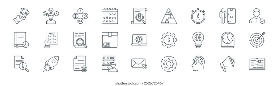 linear management icon pack. vector thin line speaker, man, operations, cardboard, cardboard, archery, message, book icons suitable for apps and websites ui designs