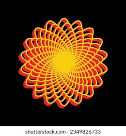 Linear mandala sign. 3D Extruded Yellow Icon with Red Sides a Black background. Illustration.