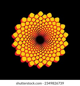 Linear mandala sign. 3D Extruded Yellow Icon with Red Sides a Black background. Illustration.