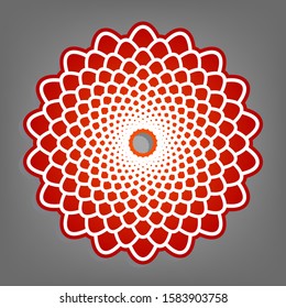 Linear mandala sign. Flat red icon with linear white icon with gray shadow at grayish background. Illustration.