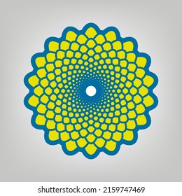 Linear mandala sign. Icon in colors of Ukraine flag (yellow, blue) at gray Background. Illustration.