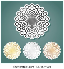 Linear mandala sign. Set of metallic Icons with gray, gold, silver and bronze gradient with white contour and shadow at viridan background. Illustration.