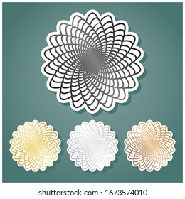 Linear mandala sign. Set of metallic Icons with gray, gold, silver and bronze gradient with white contour and shadow at viridan background. Illustration.