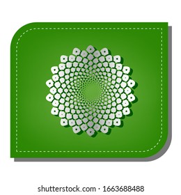 Linear mandala sign. Silver gradient line icon with dark green shadow at ecological patched green leaf. Illustration.
