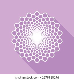 Linear mandala sign. White Icon with long shadow at purple background. Illustration.