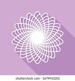 Signo de mandala lineal. Icono blanco con una larga sombra en fondo morado.  Ilustración.