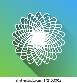 Signo de mandala lineal. Icono blanco con sombra ilimitada gris sobre fondo verde a azul. Ilustración.