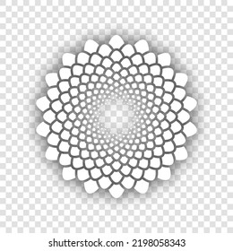Linear mandala sign. White Icon with dropped natural gray Shadow at transparent Background. Illustration.