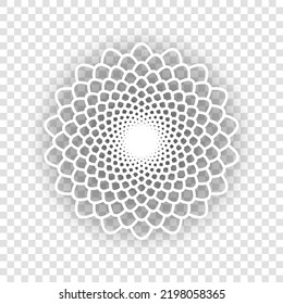 Linear mandala sign. White Icon with dropped natural gray Shadow at transparent Background. Illustration.