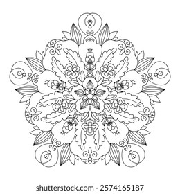 linear mandala. Vector hand drawn linear illustration on white background. Decorative round abstract black and white ornament for coloring