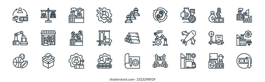 linear manufacturing icon pack. vector thin line household appliance, benefit, manufacture, money, furniture, manufacturing, blueprint, reduce cost icons suitable for apps and websites ui designs