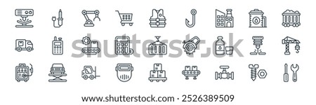 linear manufacturing icon pack. vector thin line screw, soldering, robotic arm, water tank, calculator, crane, pallet, tools icons suitable for apps and websites ui designs